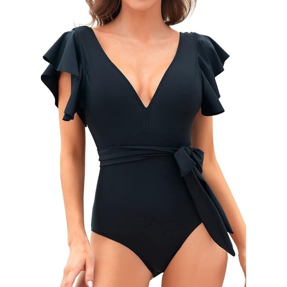 Binlowis V Neck Ruffle One Piece Swimsuit Sexy Belt Tie Swimsuit Small